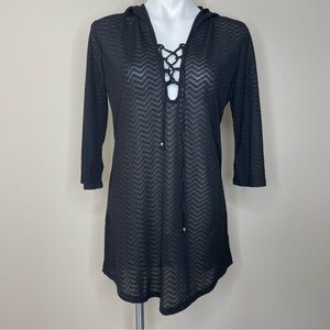 Pacific Beach Chic Black Hooded Swim Coverup with Lace Up Front